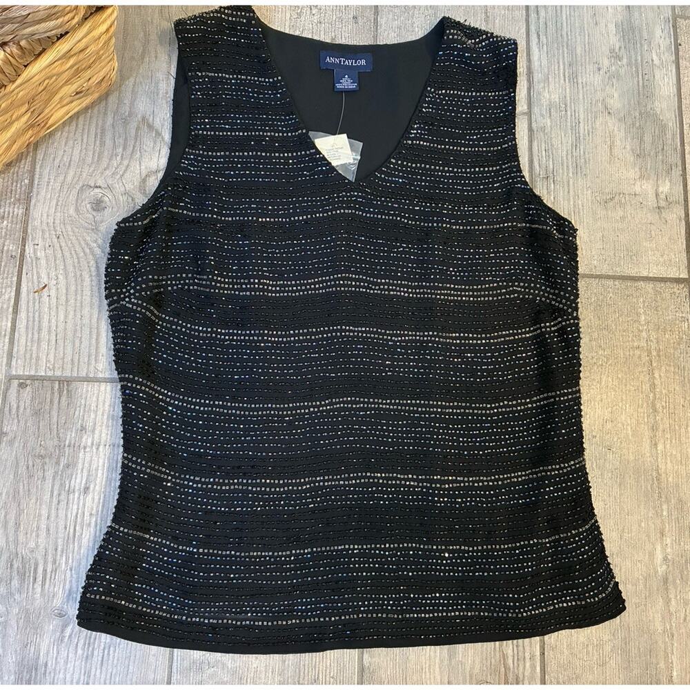 NWT Ann Taylor Black Silk Tank Blue Silver & Black Beaded V-Neck Top Size 4